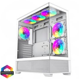 Vista White ATX Gaming Case with Tempered Glass Front and Side Panels with 6 x Dual-Ring Infinity Fans Bundled
