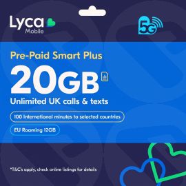 30 Days Pre-Paid Lyca Mobile Sim 20GB Data, Unlimited UK Minutes & Texts, 100 International minutes to selected countries, EU Roaming 12GB