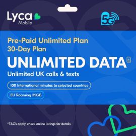 30 Days Pre-Paid Lyca Mobile Sim Unlimited Data, Unlimited UK Minutes & Texts, 100 International minutes to selected countries, EU Roaming 35GB