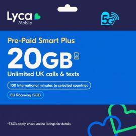 30 Days Pre-Paid Lyca Mobile Sim 20GB Data, Unlimited UK Minutes & Texts, 100 International minutes to selected countries, EU Roaming 12GB