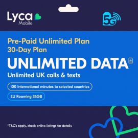 30 Days Pre-Paid Lyca Mobile Sim Unlimited Data, Unlimited UK Minutes & Texts, 100 International minutes to selected countries, EU Roaming 35GB